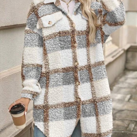 ❤️ SALE Women’s Long Plaid Teddy Jacket Womens Shacket Plaid Jacket - Picture 6 of 7